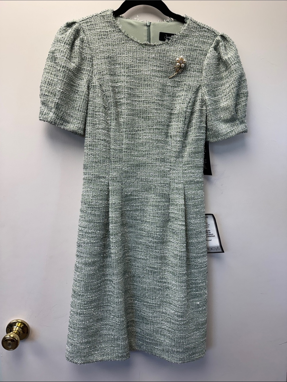 Jessica Howard Sage Green Tweed Midi Dress with Puff Sleeves